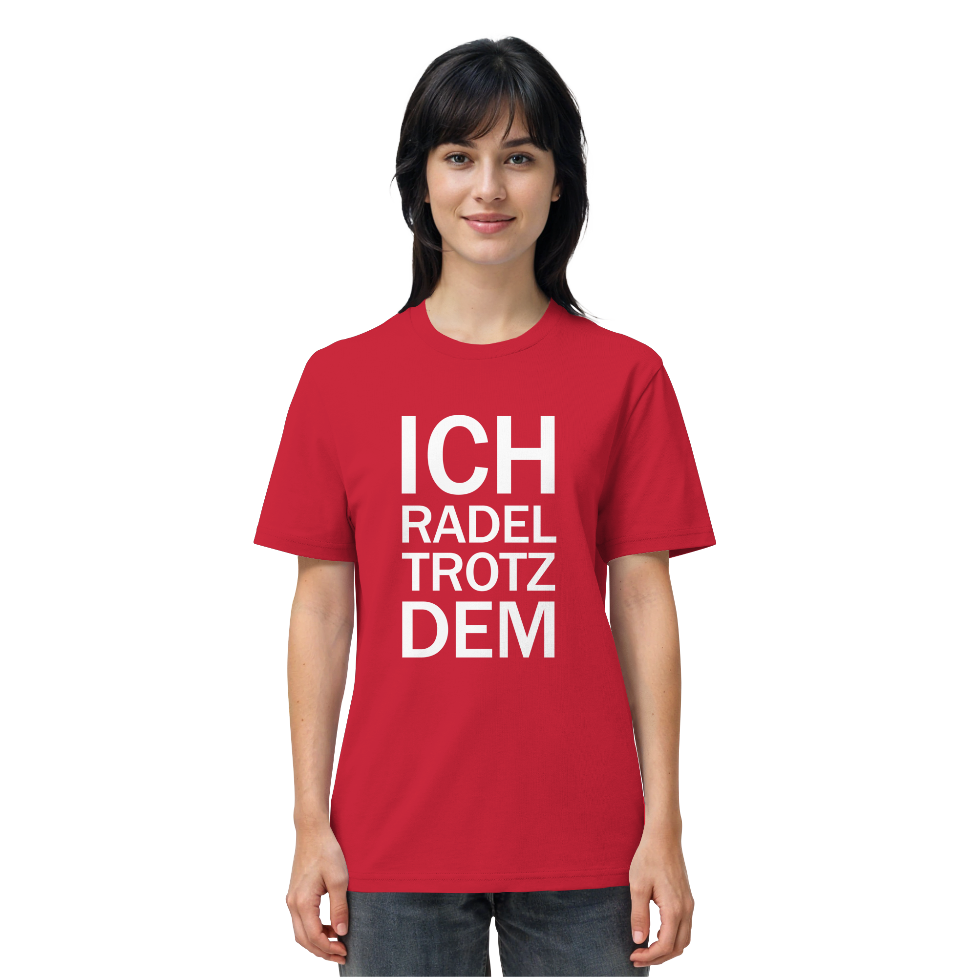 Red Organic-Shirt mit dem weissen Aufdruck Ich radel trotzdem