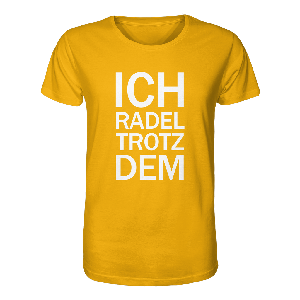 Spectra Yellow Organic-Shirt mit dem weissen Aufdruck Ich radel trotzdem