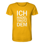 Spectra Yellow Organic-Shirt mit dem weissen Aufdruck Ich radel trotzdem