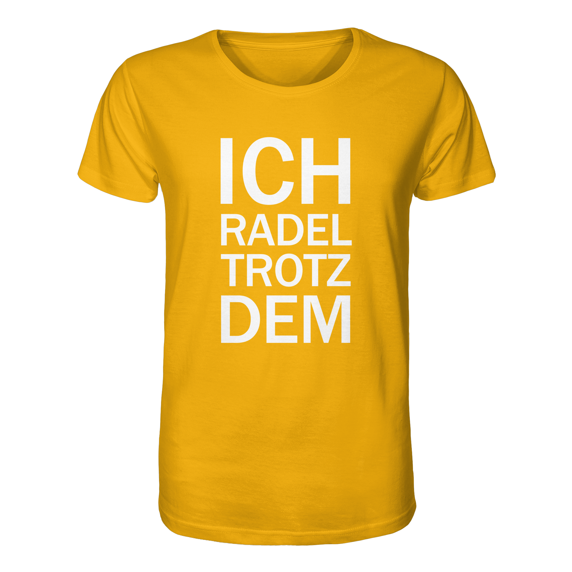 Spectra Yellow Organic-Shirt mit dem weissen Aufdruck Ich radel trotzdem