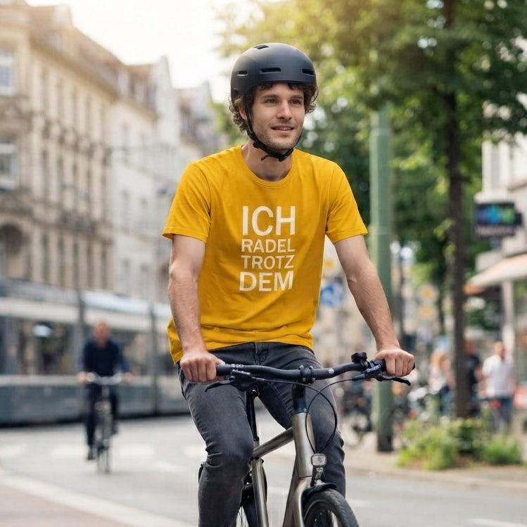 Spectra Yellow Organic-Shirt mit dem weissen Aufdruck Ich radel trotzdem