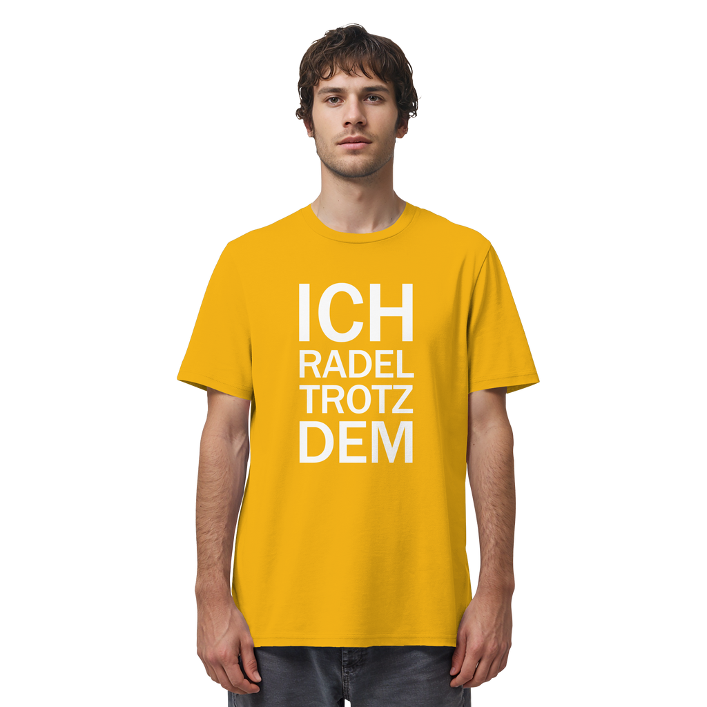 Spectra Yellow Organic-Shirt mit dem weissen Aufdruck Ich radel trotzdem