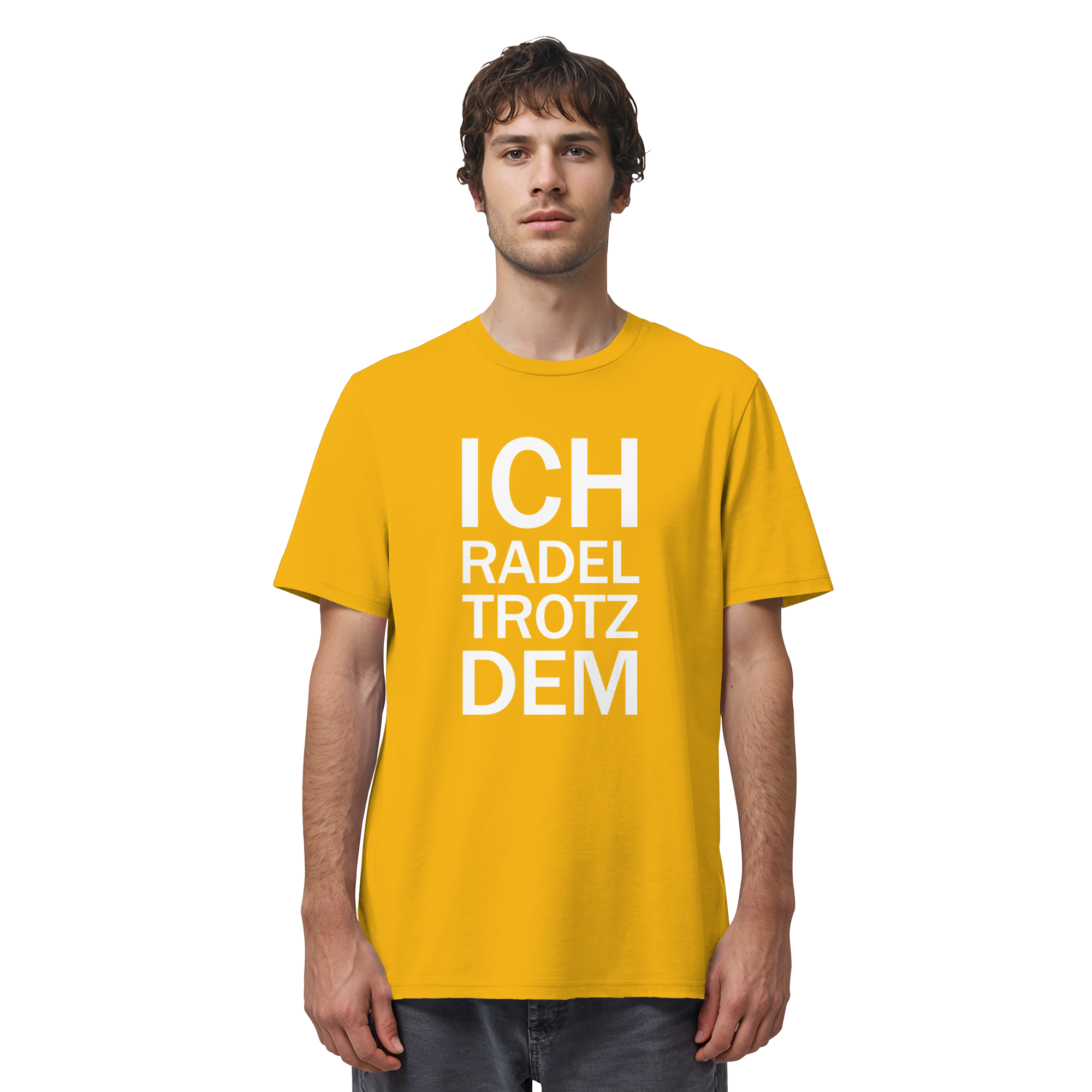 Spectra Yellow Organic-Shirt mit dem weissen Aufdruck Ich radel trotzdem