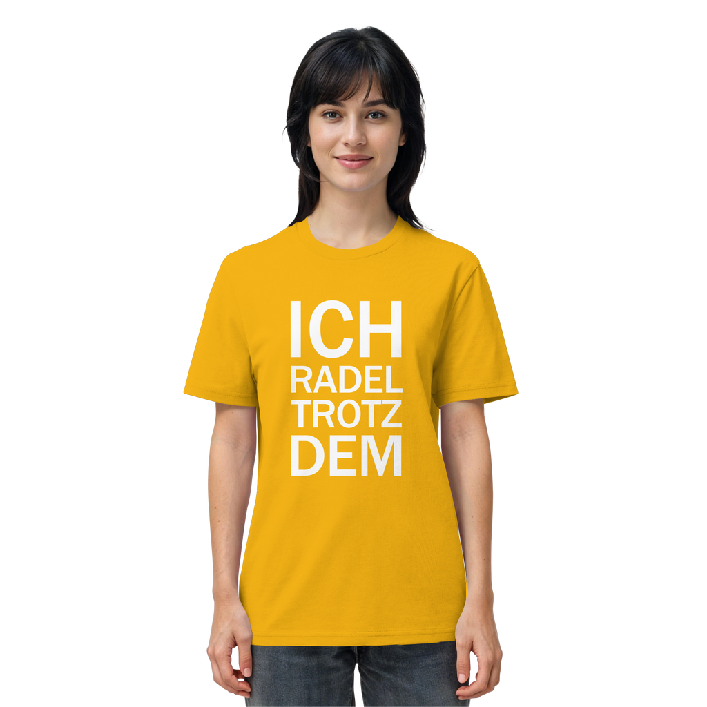 Spectra Yellow Organic-Shirt mit dem weissen Aufdruck Ich radel trotzdem