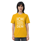 Spectra Yellow Organic-Shirt mit dem weissen Aufdruck Ich radel trotzdem