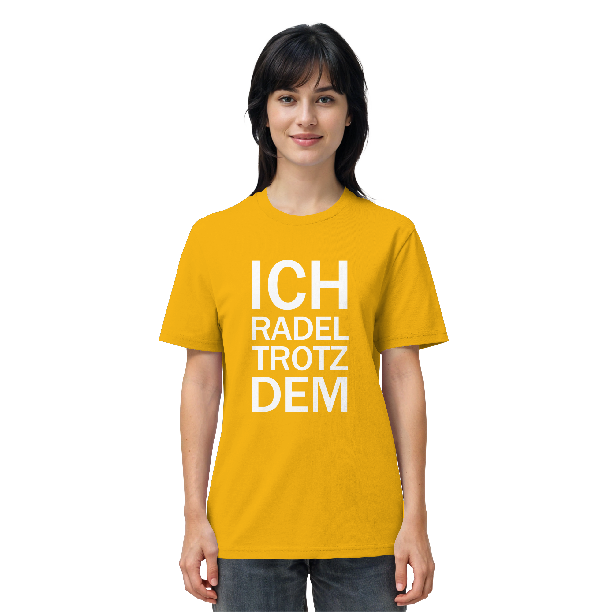 Spectra Yellow Organic-Shirt mit dem weissen Aufdruck Ich radel trotzdem