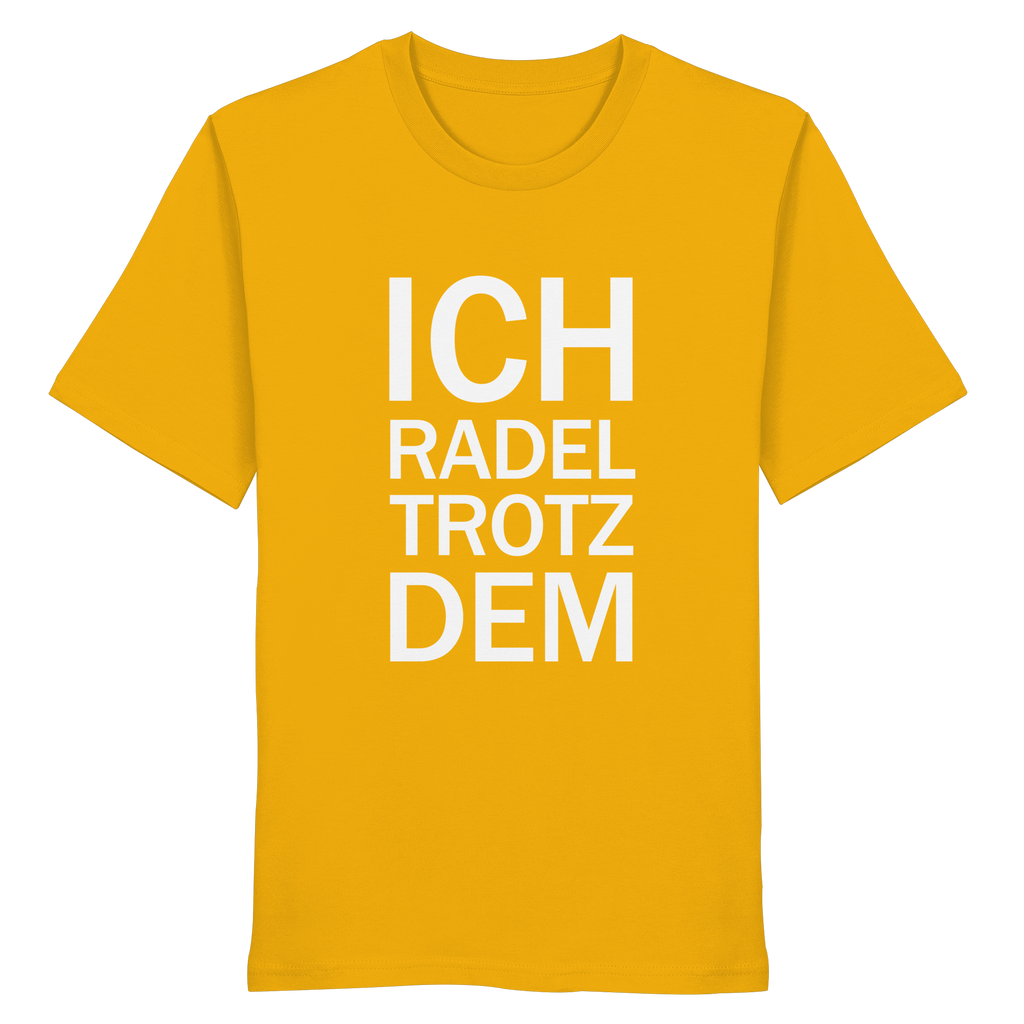 Spectra Yellow Organic-Shirt mit dem weissen Aufdruck Ich radel trotzdem