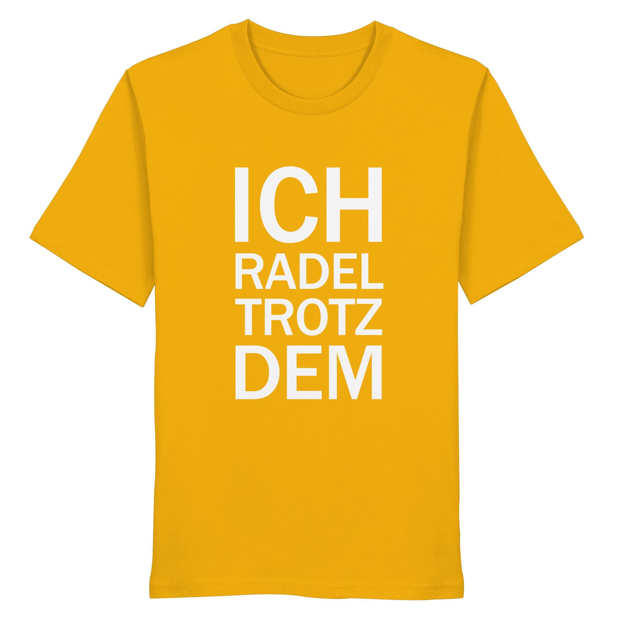 Spectra Yellow Organic-Shirt mit dem weissen Aufdruck Ich radel trotzdem