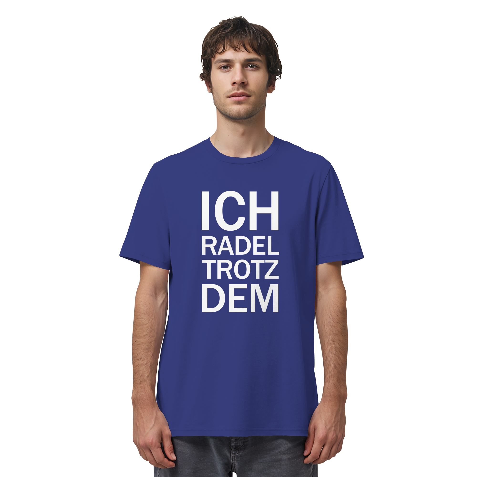 Worker Blue Organic-Shirt mit dem weissen Aufdruck Ich radel trotzdem