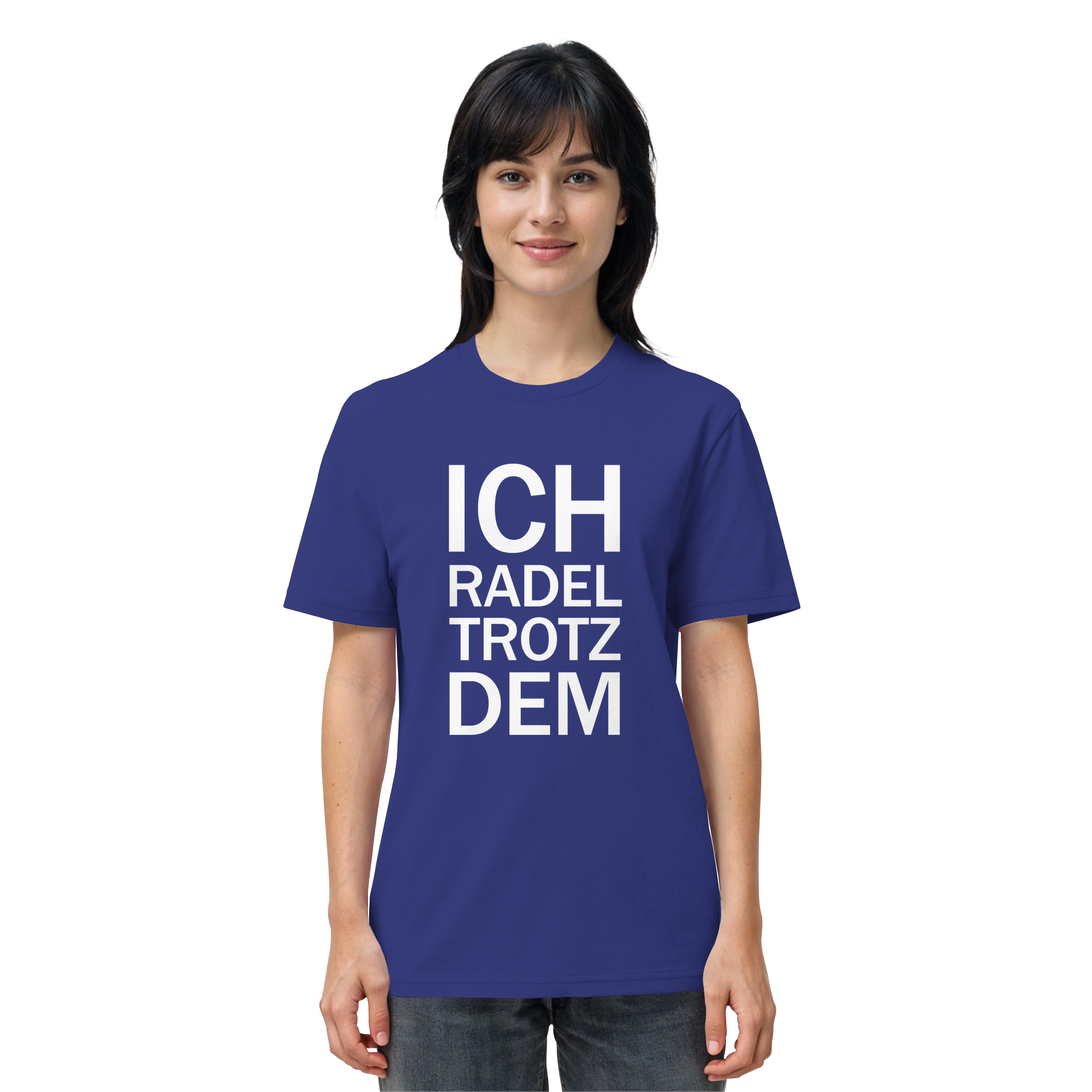Worker Blue Organic-Shirt mit dem weissen Aufdruck Ich radel trotzdem