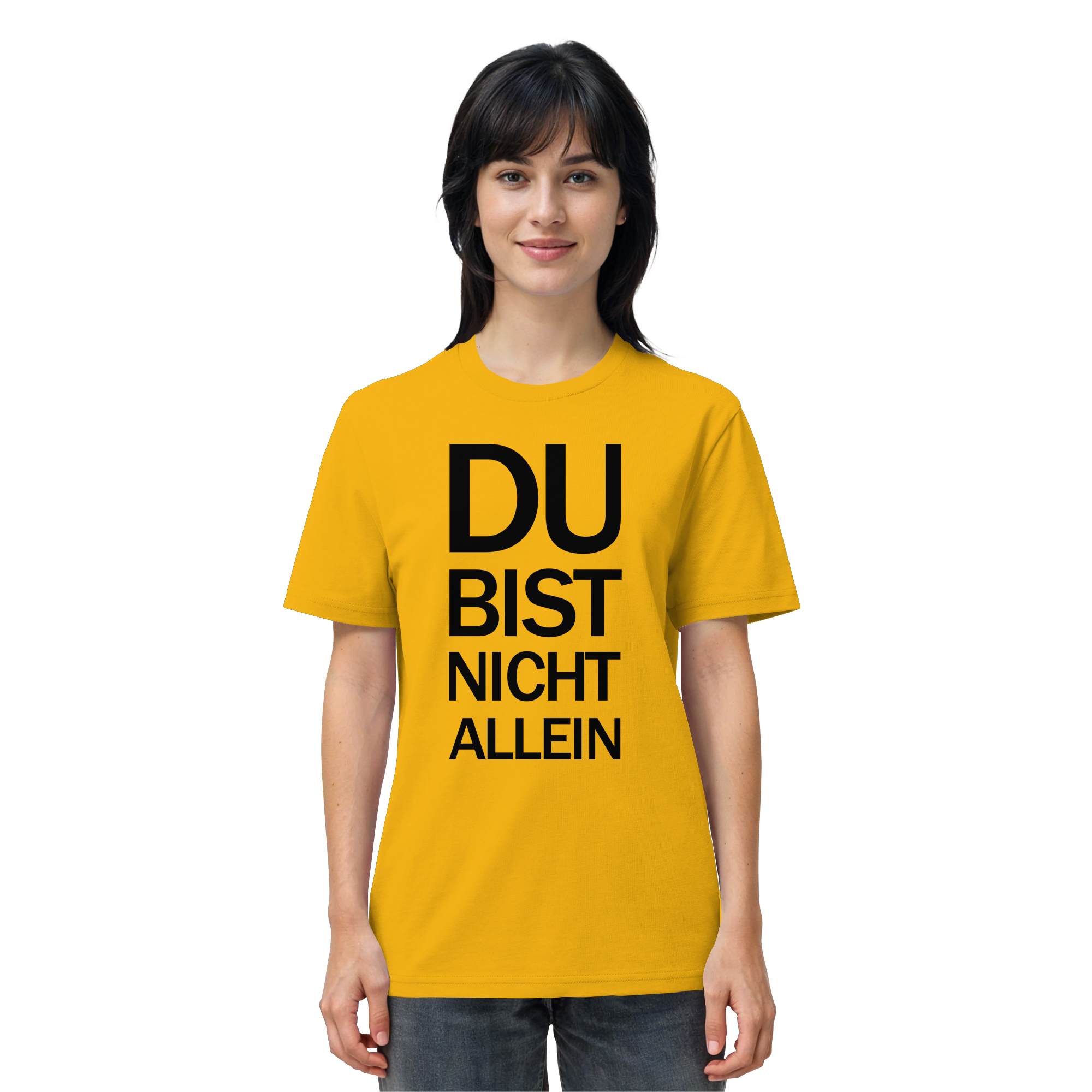 Spectra Yellow Organic Shirt mit dem schwarzen Aufdruck Du bist nicht allein