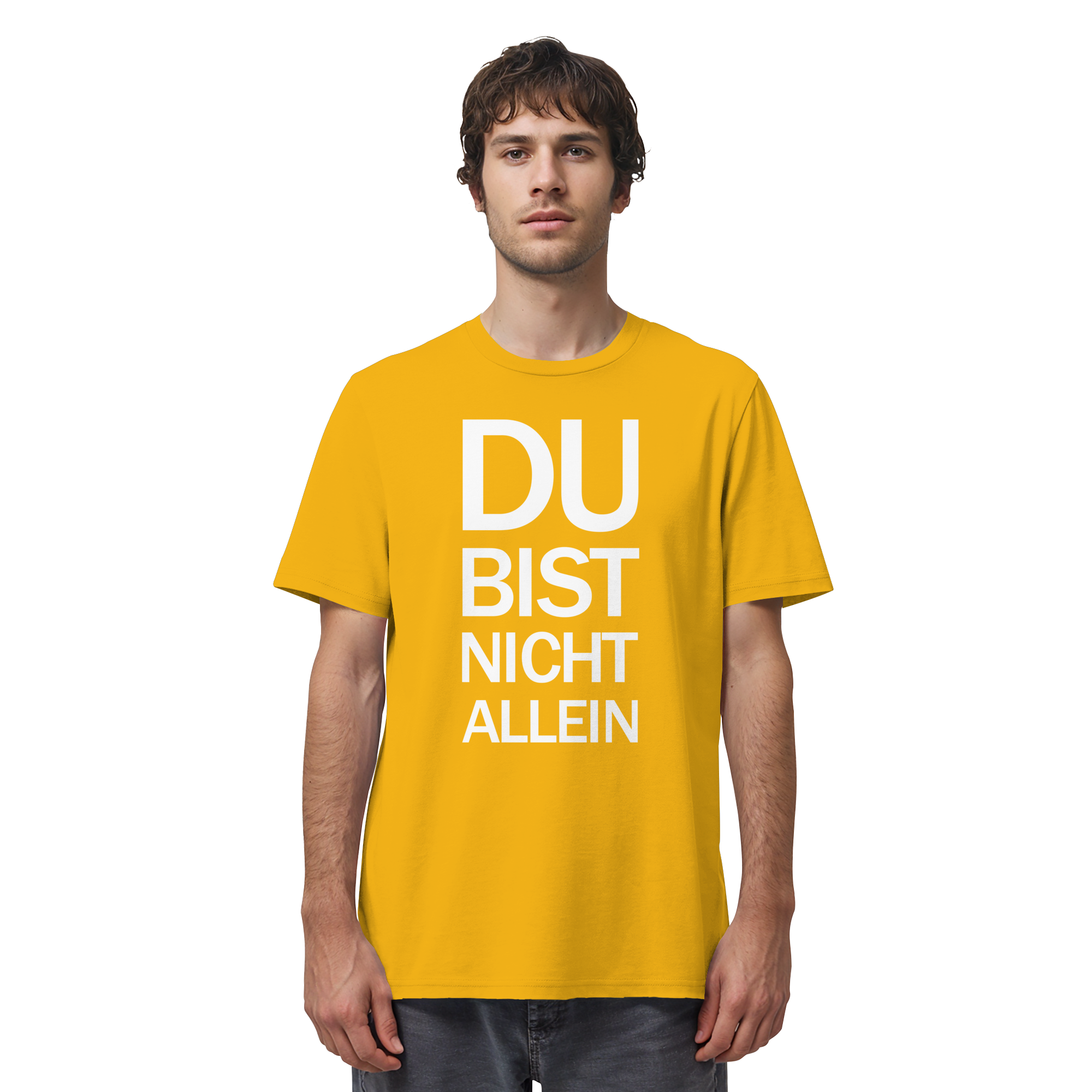 Spectra Yellow Organic Shirt mit dem weissen Aufdruck Du bist nicht allein