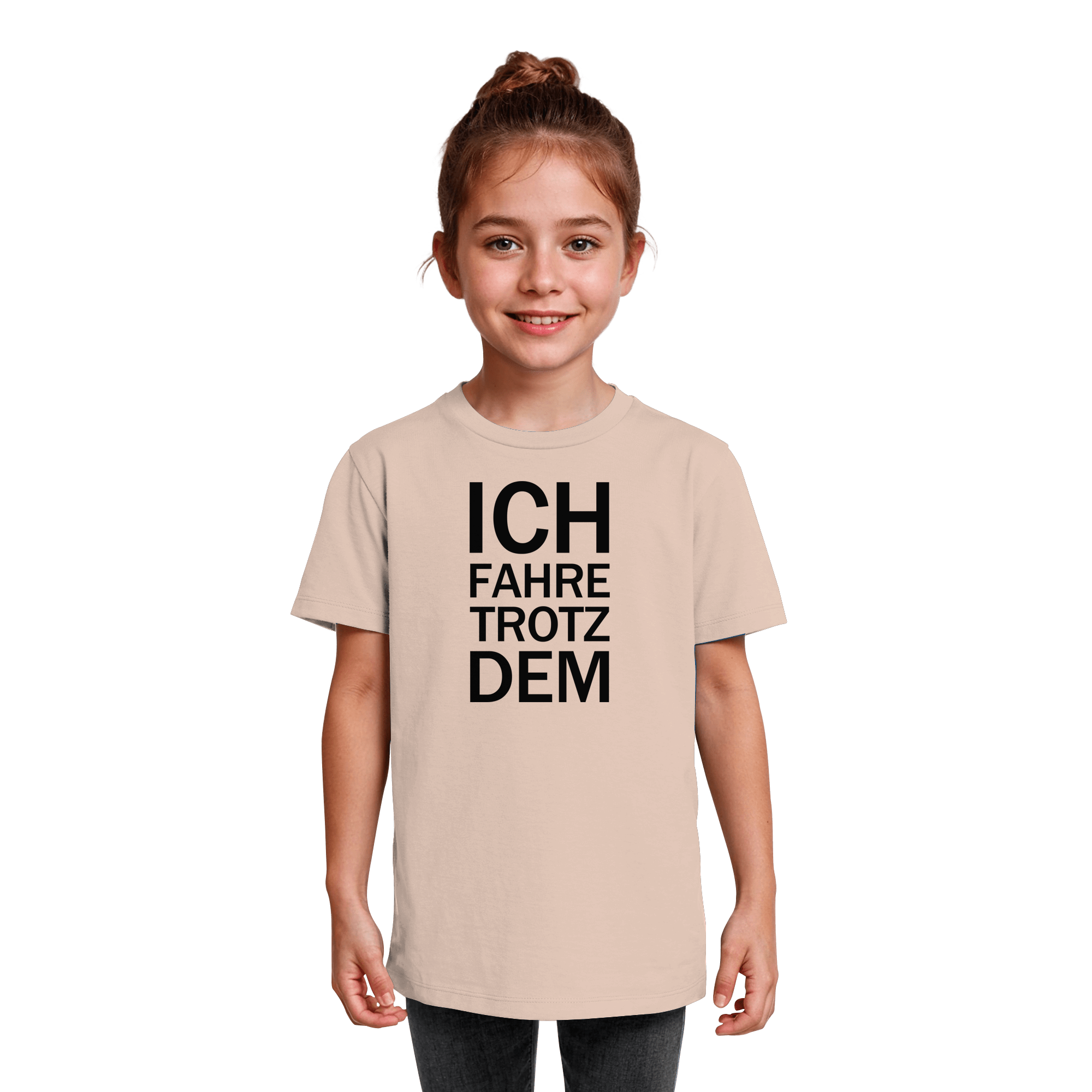Fraiche Peche Kids Organic Shirt mit dem schwarzen Aufdruck Ich fahre trotzdem 