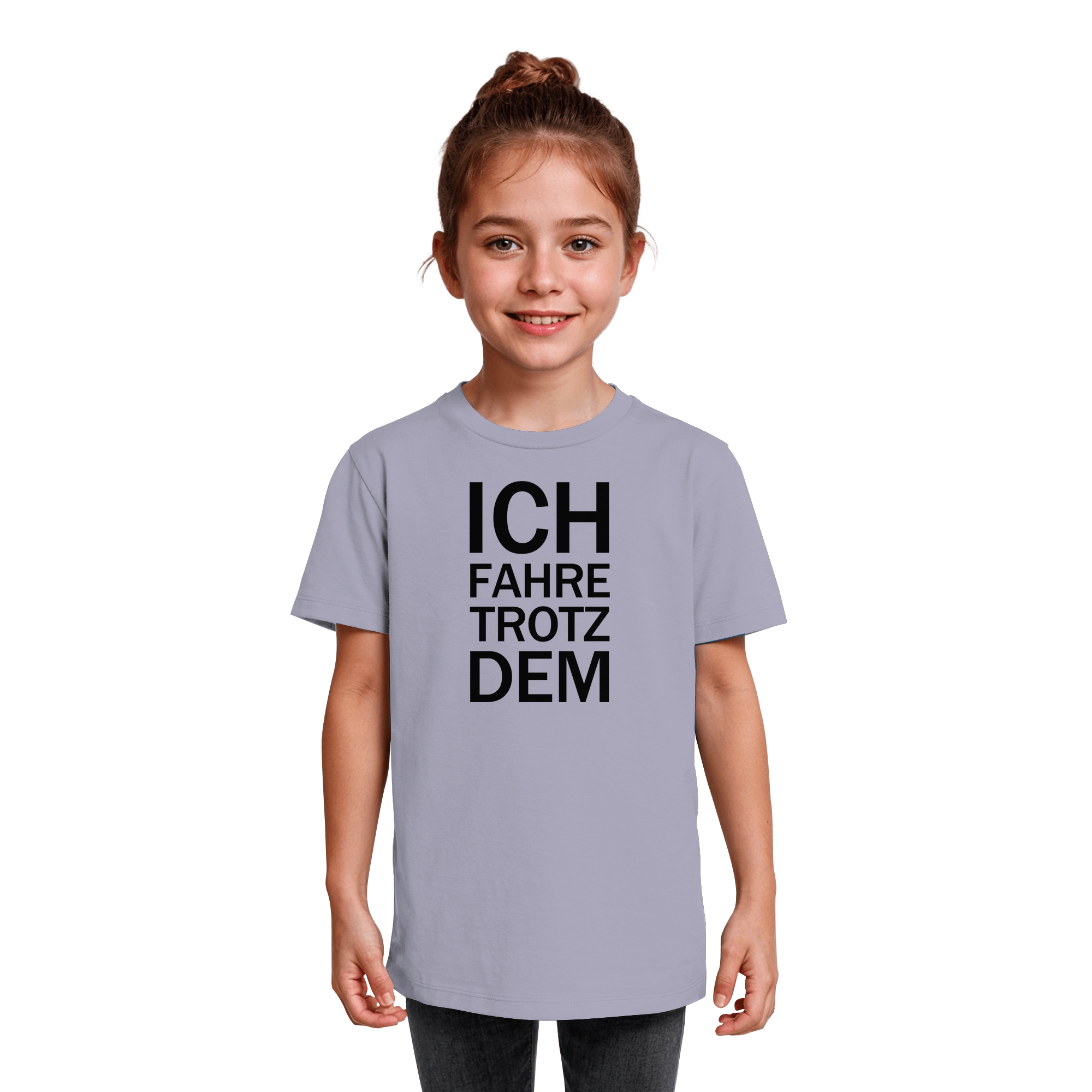Lavender Kids Organic Shirt mit dem schwarzen Aufdruck Ich fahre trotzdem