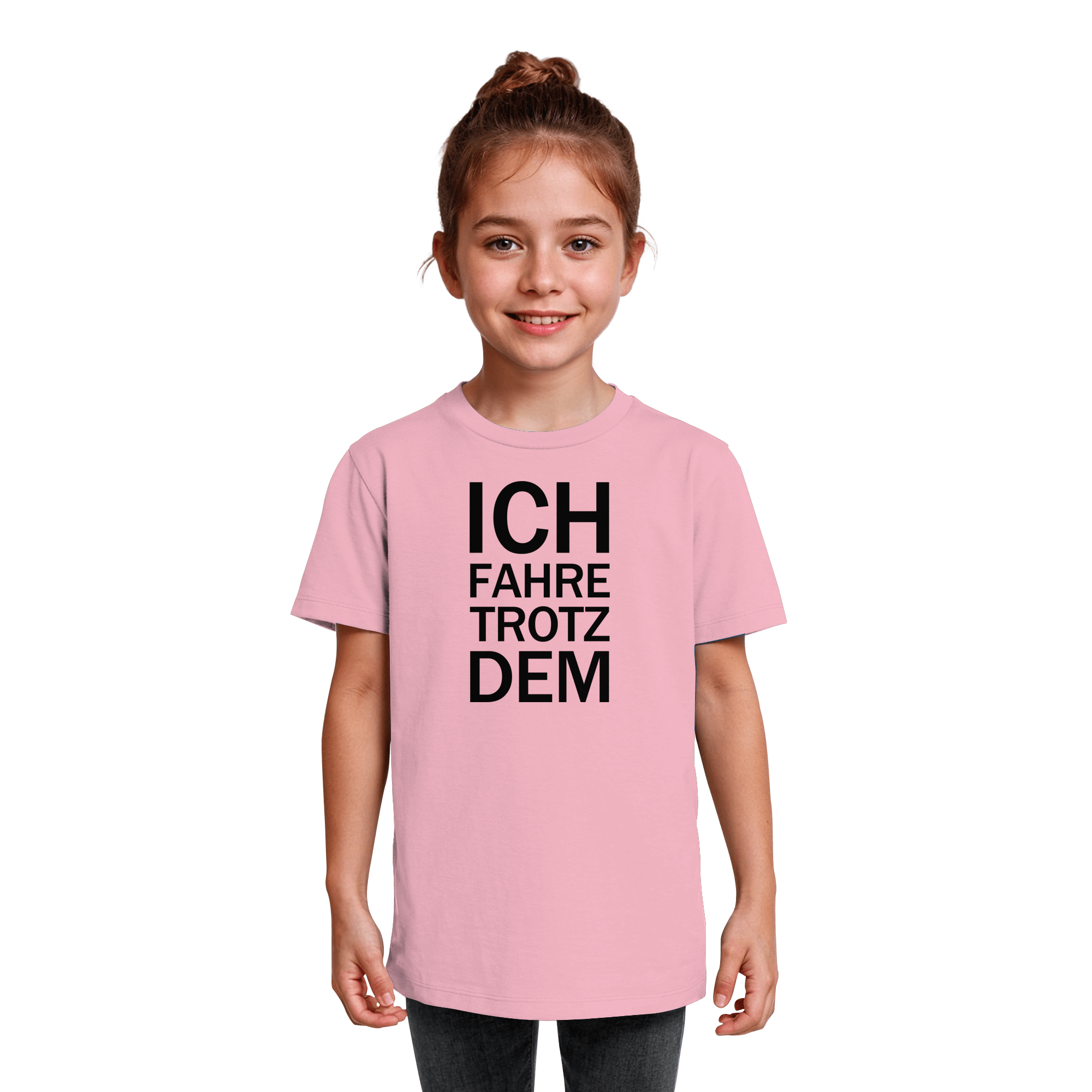 Cotton Pink Kids Organic Shirt mit dem schwarzen Aufdruck Ich fahre trotzdem