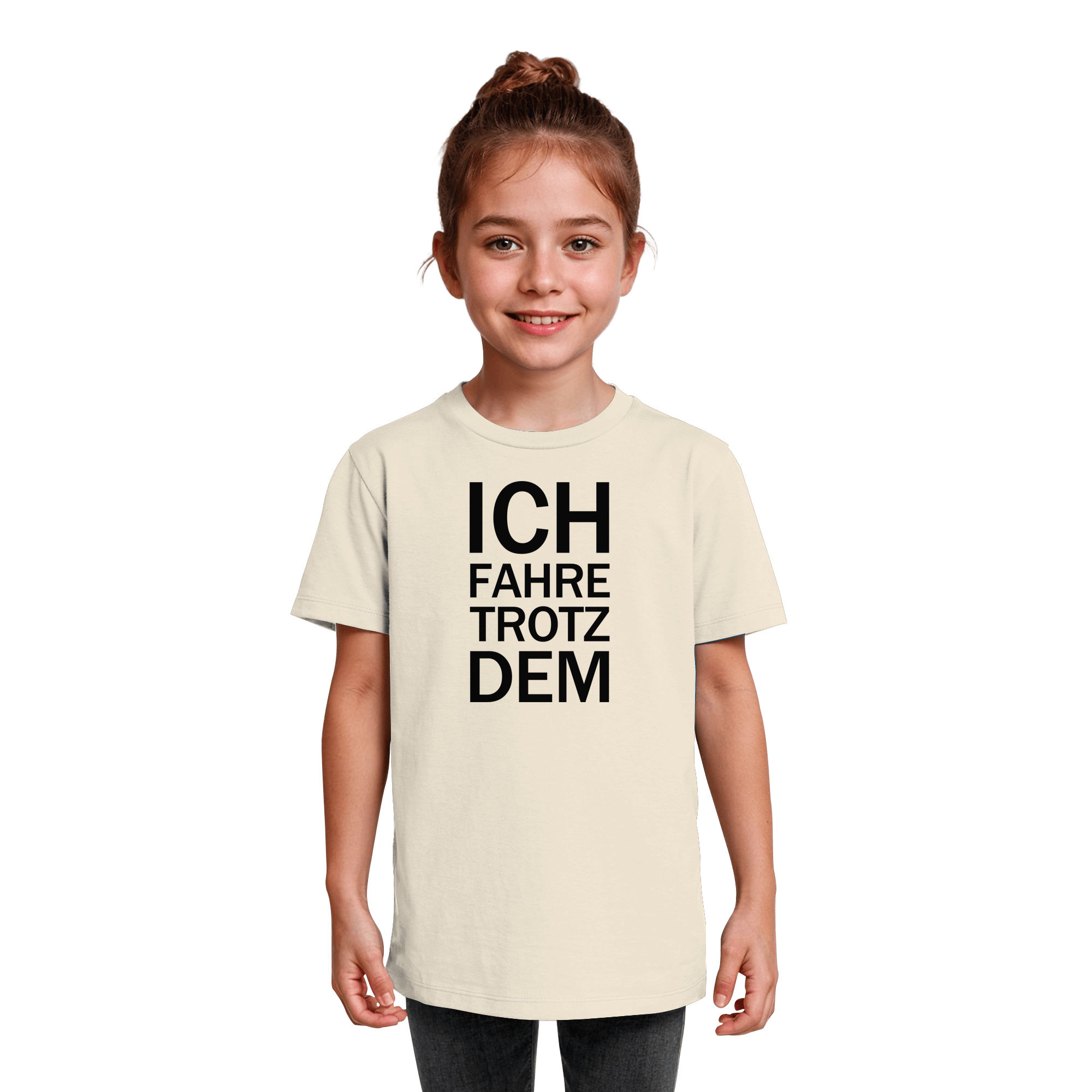Natural Raw Kids Organic Shirt mit dem schwarzen Aufdruck Ich fahre trotzdem