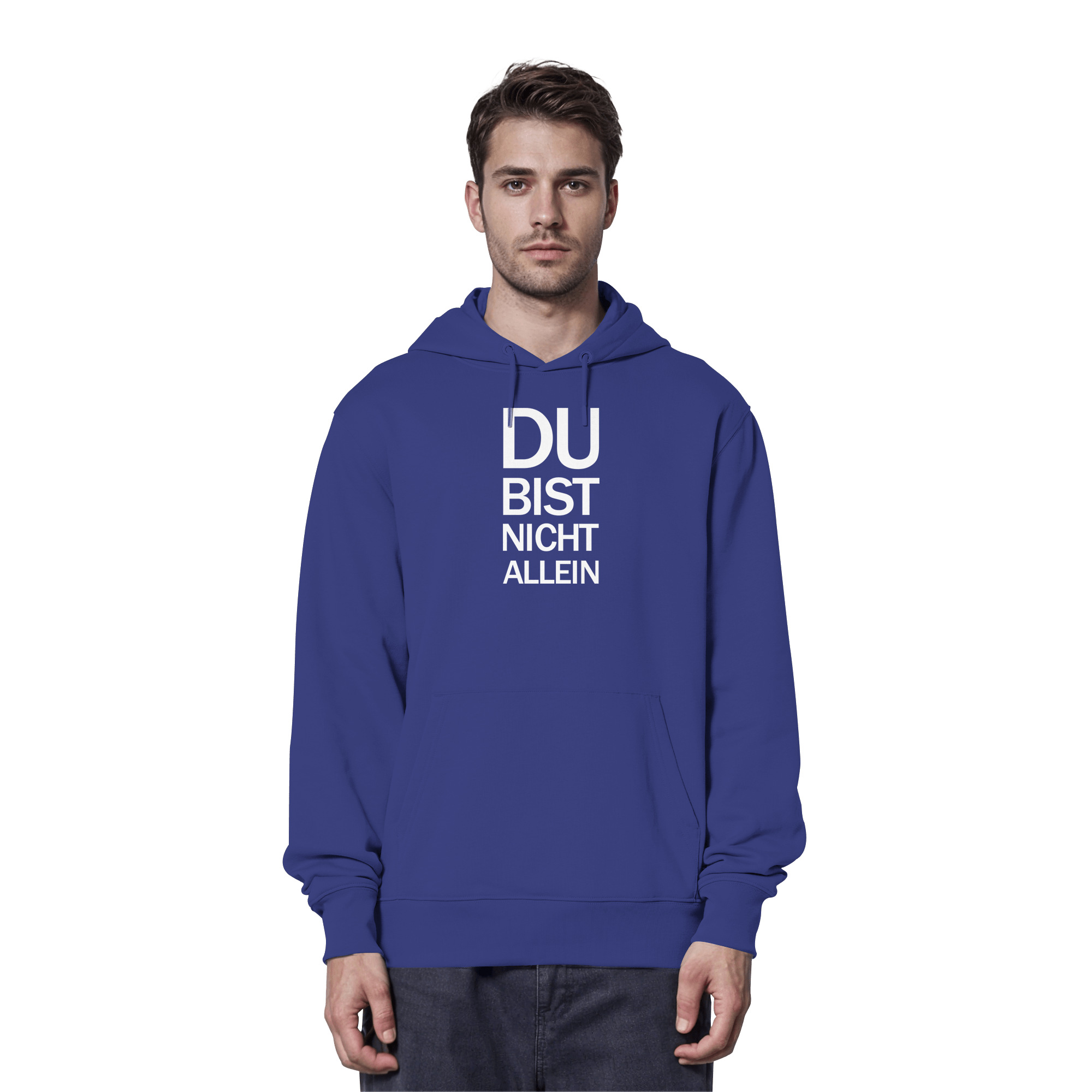Worker Blue Organic Hoodie mit dem weissen Aufdruck Du bist nicht allein
