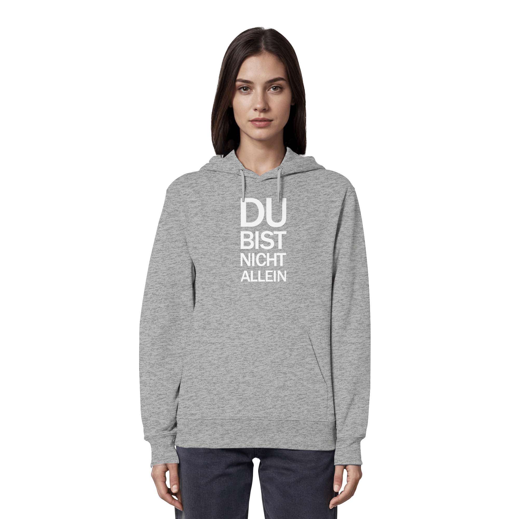 Heather Grey Organic Hoodie mit dem weissen Aufdruck Du bist nicht allein