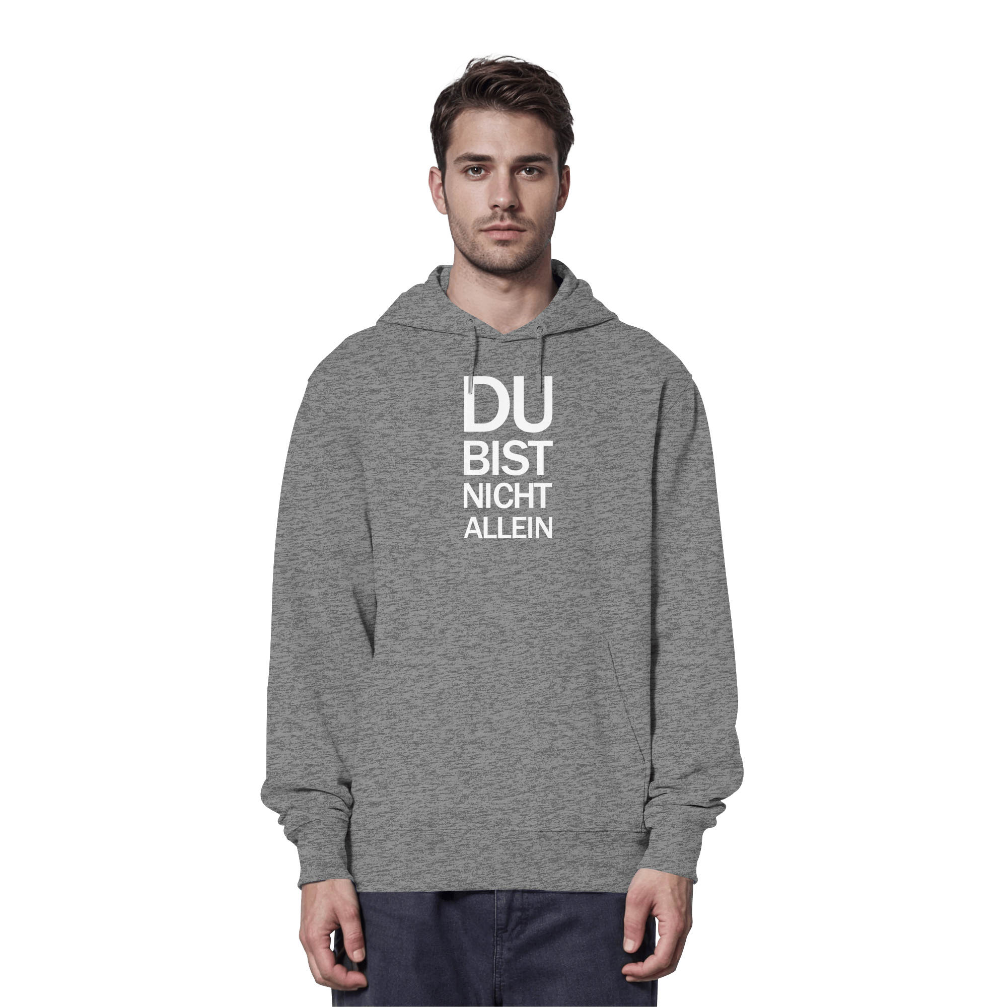 Mid Heather Grey Organic Hoodie mit dem weissen Aufdruck Du bist nicht allein
