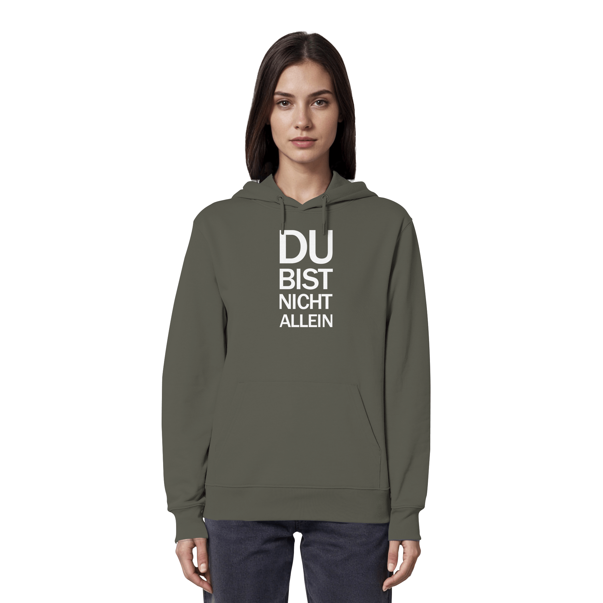 Khaki Organic Hoodie mit dem weissen Aufdruck Du bist nicht allein