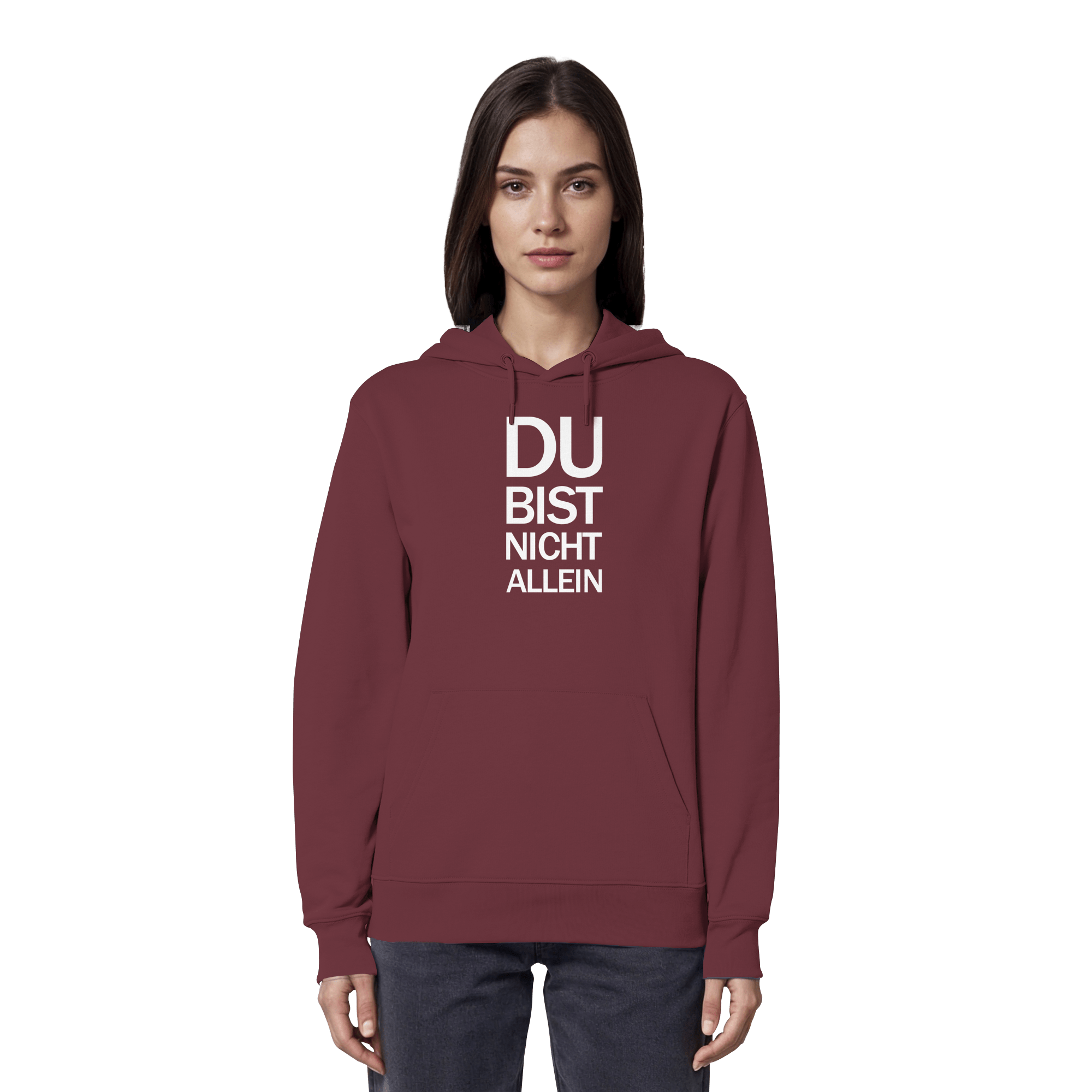 Burgundy Organic Hoodie mit dem weissen Aufdruck Du bist nicht allein
