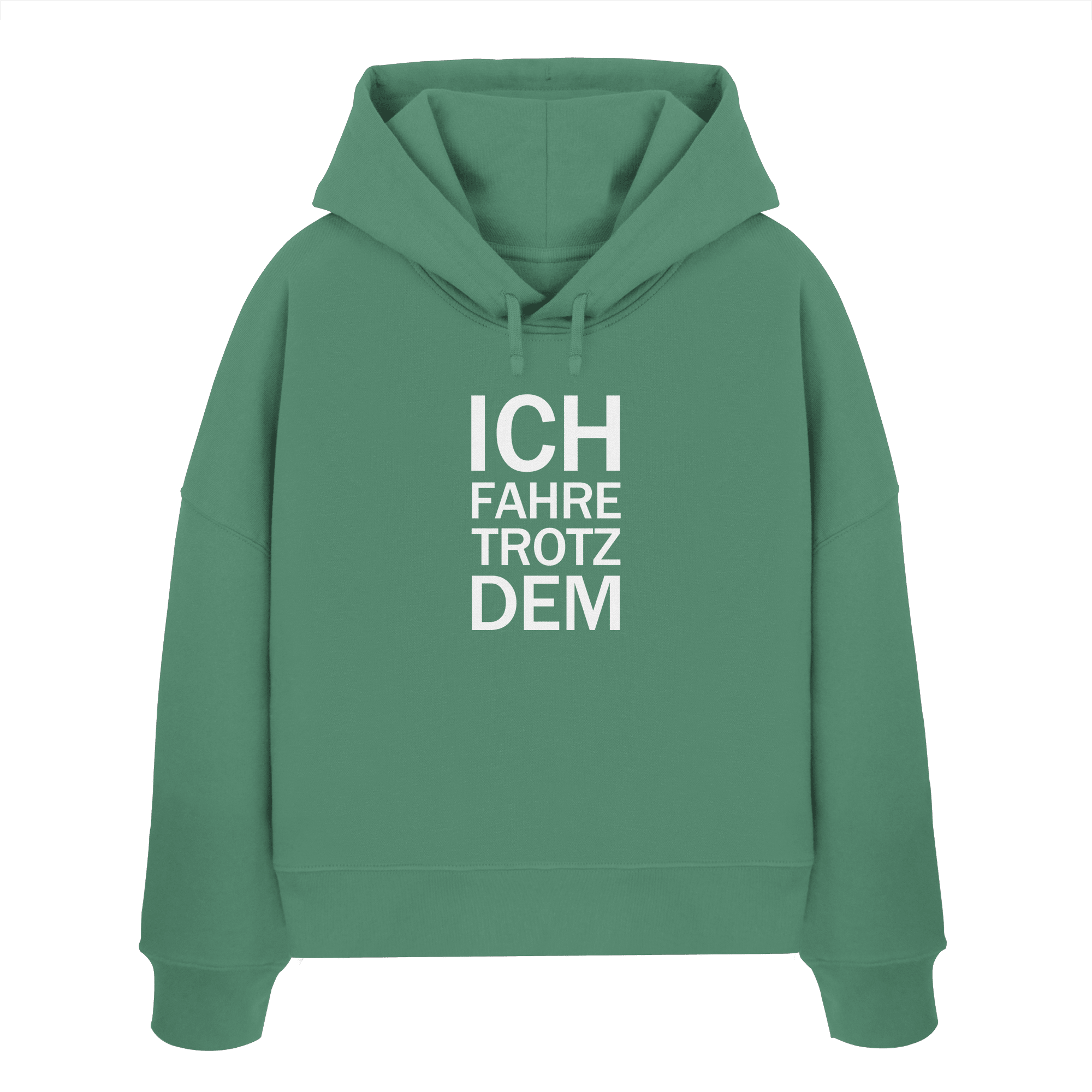 Green Bay Womens Organic Boxcut Hoodie mit dem weissen Aufdruck Ich fahre trotzdem
